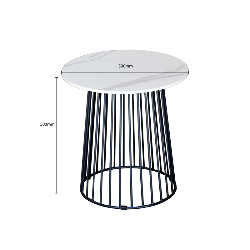 Small round table with black metal base and white marble top, showing dimensions on a white background.