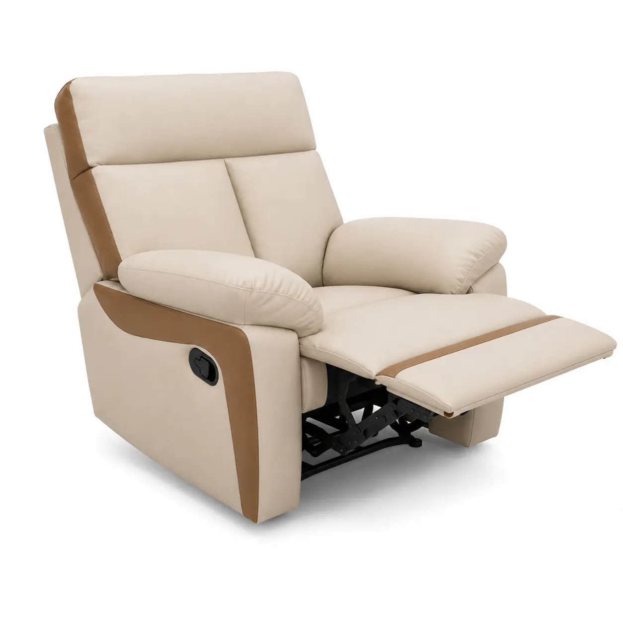 A beige and brown leather recliner chair shown in a fully extended position on a white background.