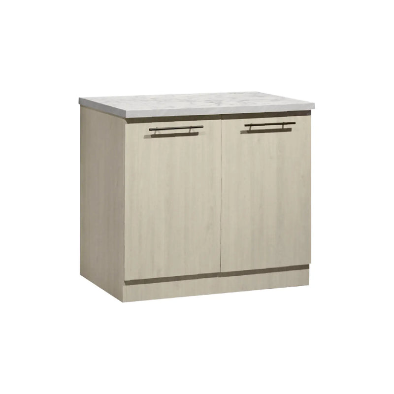 Beige kitchen cabinet with marble countertop on a white background