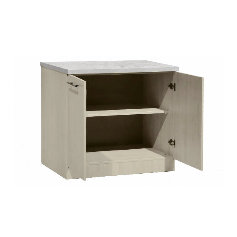 Beige cabinet with open doors on a white background