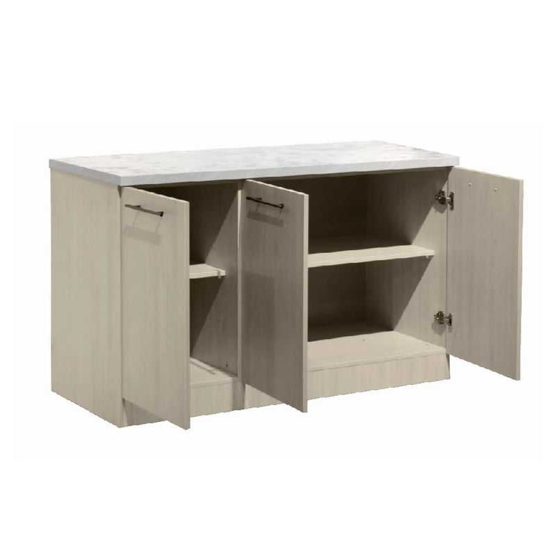 Beige kitchen cabinet with open doors on a white background