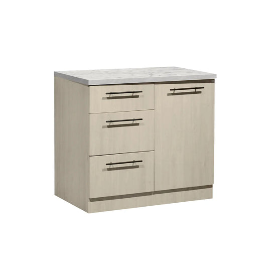 Beige kitchen cabinet with marble countertop on a white background