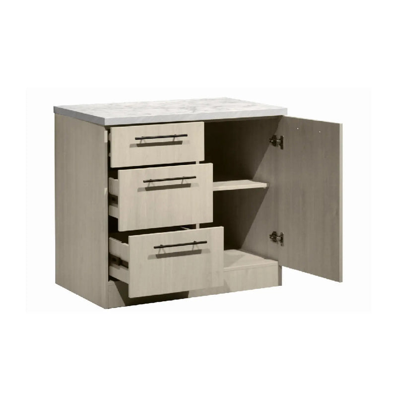 Cabinets with open door and drawers on a white background