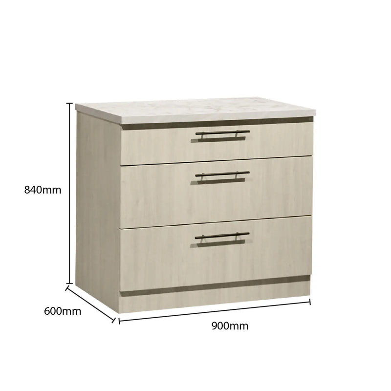 Cabinet with three drawers and dimensions labeled on a white background