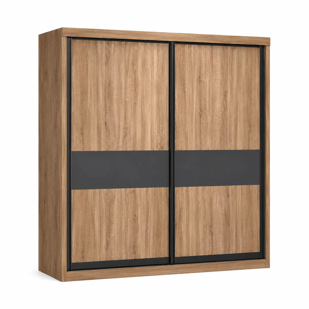 A modern two-door wardrobe or closet cabinet with light oak wood grain sliding doors and a wide dark charcoal horizontal band across the center, framed in black metal, shown on a plain white background.