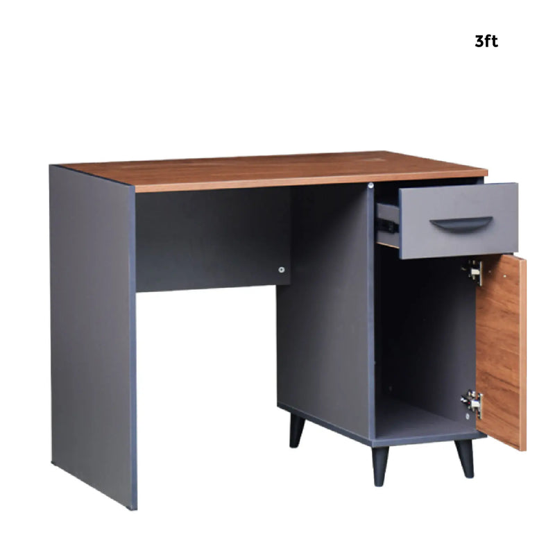 Gray desk with wooden top and side panel, featuring a drawer and cabinet.