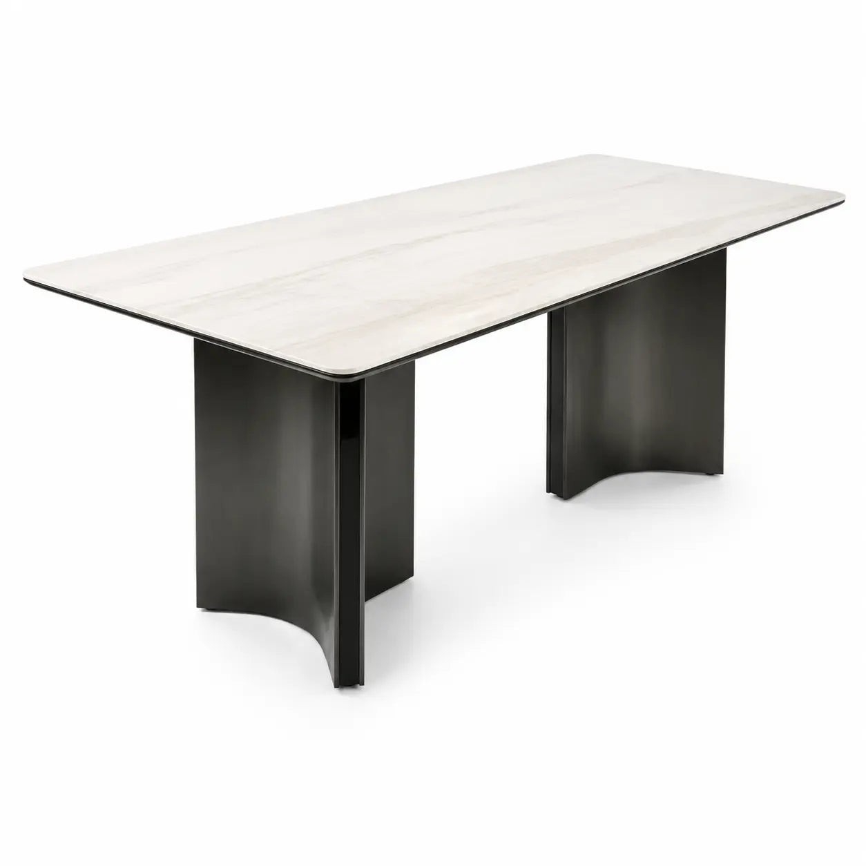 A modern rectangular conference table with a light beige marble-look top and a bold black metal base, shown on a clean white background.