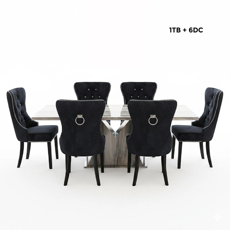Dining set with black chairs and a round table on a white background