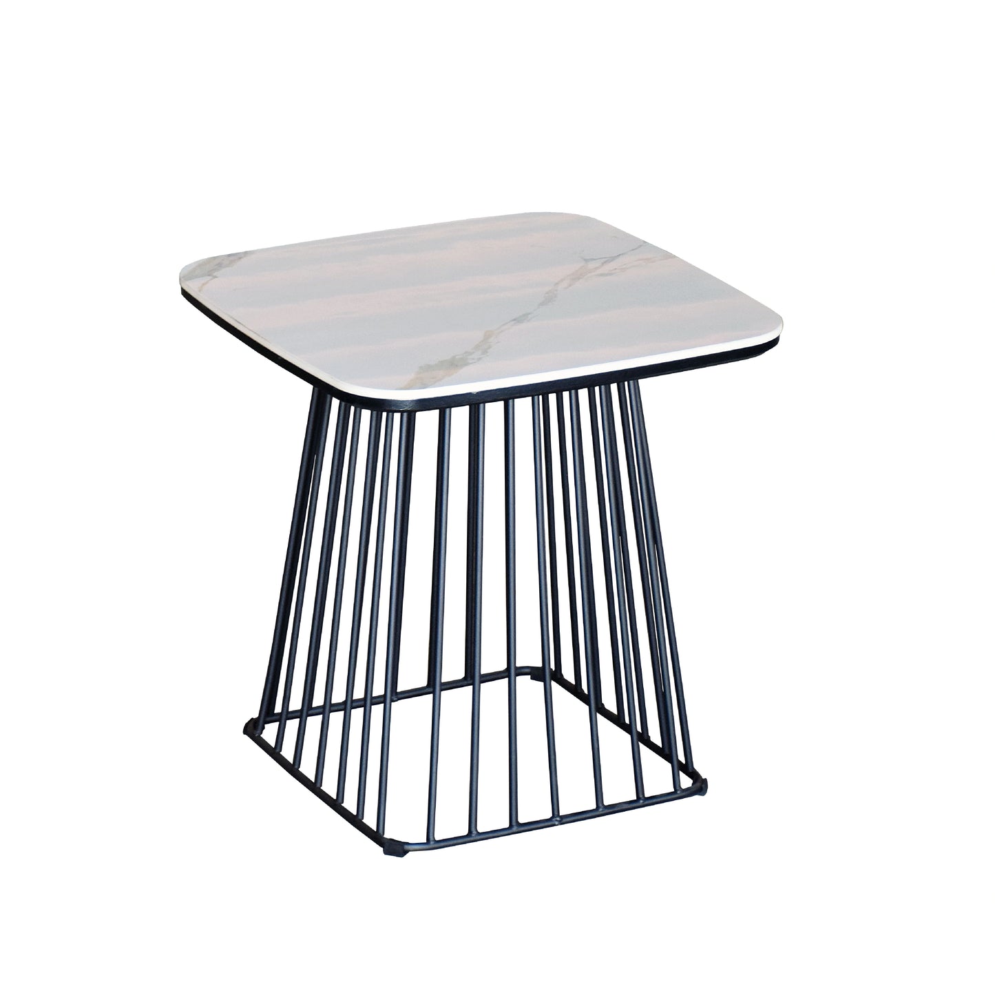 Side table with marble top and black metal frame on a white background