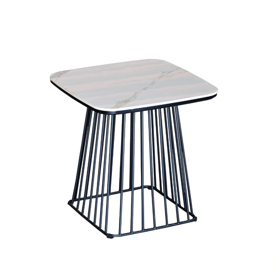 Side table with marble top and black metal frame on a white background