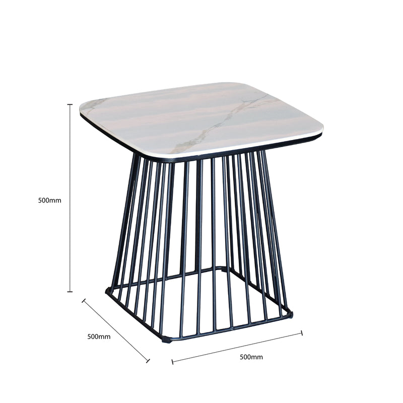 Side table with marble top and metal frame, shown with dimensions on a white background