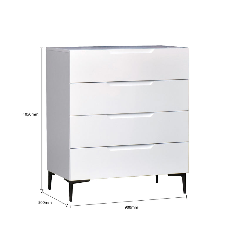 White dresser with dimensions labeled on a white background