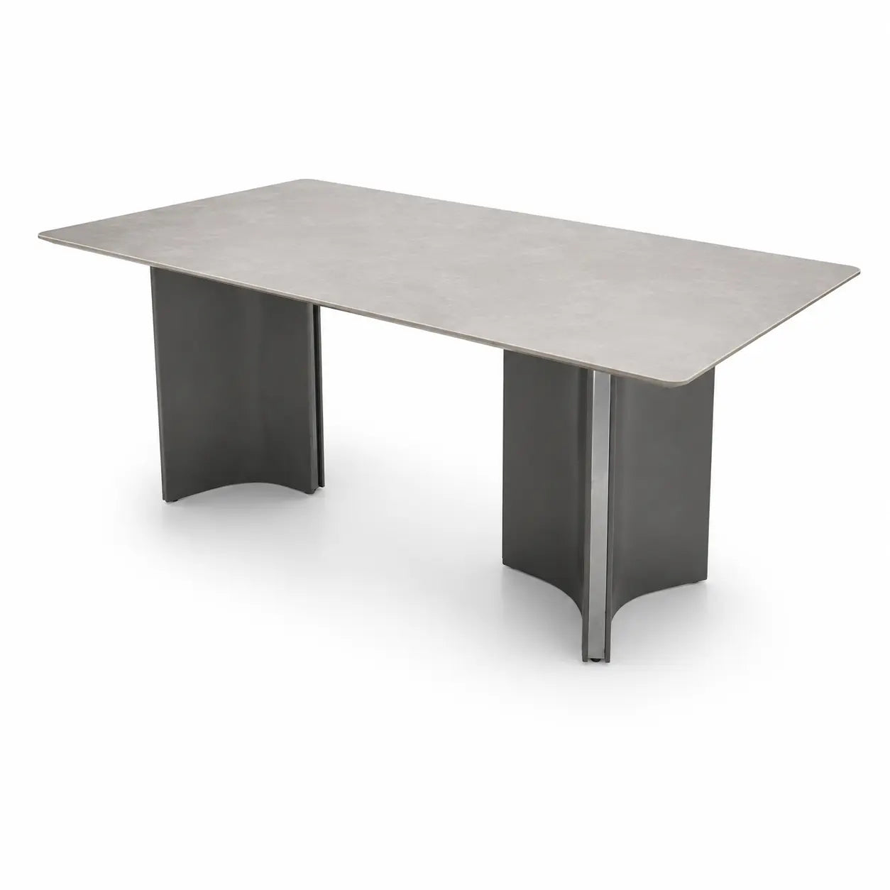 A modern rectangular conference table with a light gray stone or concrete-look top and dark gray curved metal pedestal legs, shown on a white background.