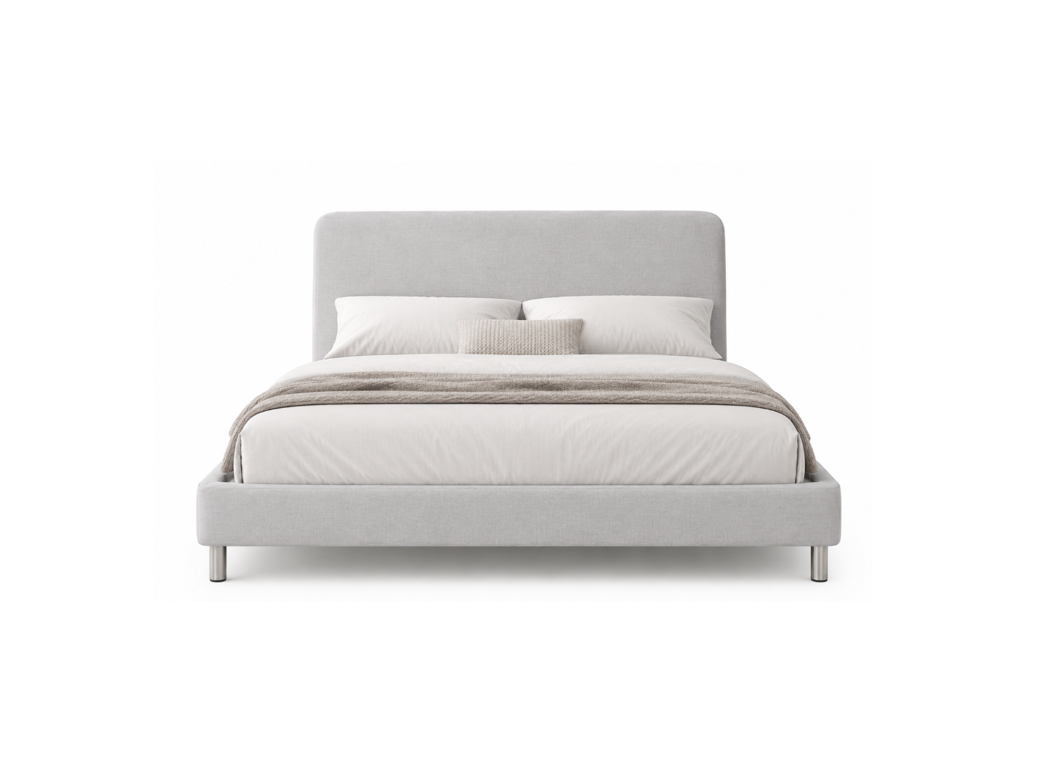 A modern platform bed with a light gray upholstered frame and headboard, styled with white bedding, a beige throw blanket, and two pillows, set against a plain white background.