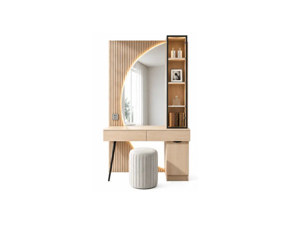 A modern vanity desk set featuring a light wood console table, a large arched mirror with a slatted wood frame, an open shelving unit on the right, and a ribbed cylindrical ottoman, shown on a solid white background.