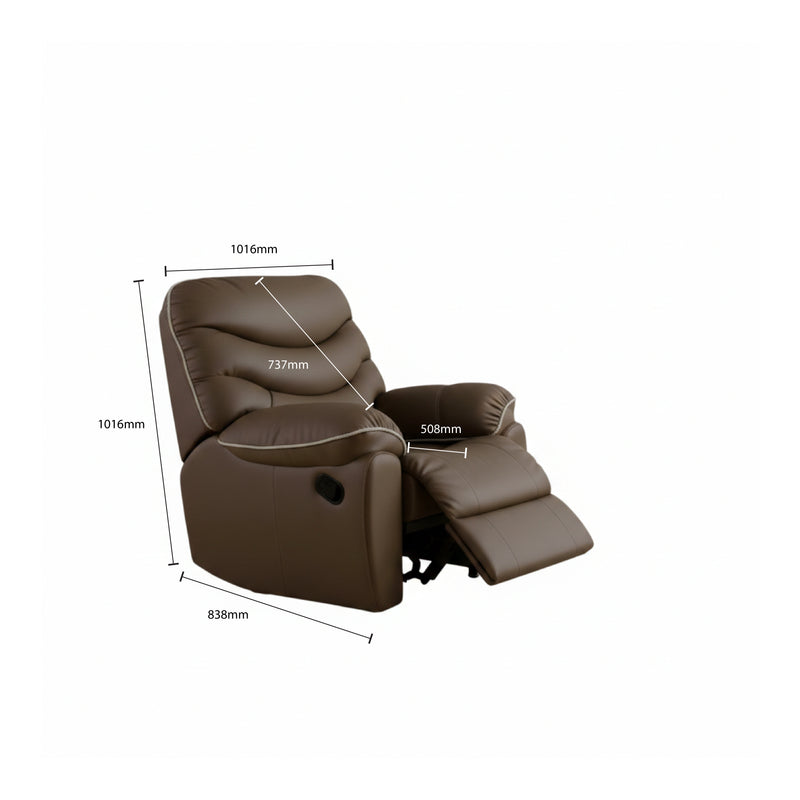 Brown recliner chair with dimensions labeled on a white background