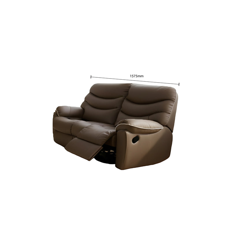 Brown leather recliner chair with dimensions on a white background