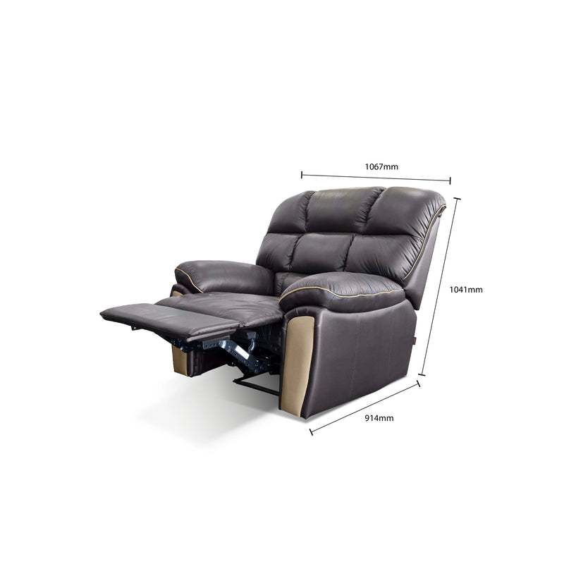 Black leather recliner chair with dimensions marked on a white background