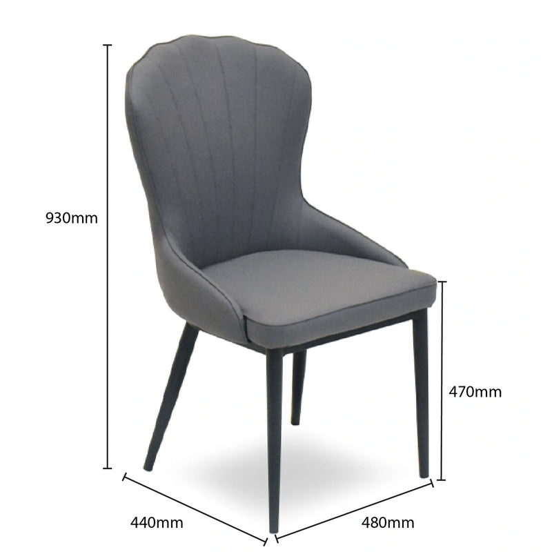 Gray chair with dimensions marked on a white background