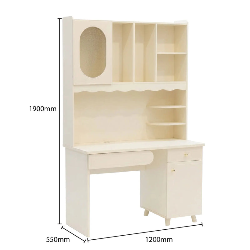 White desk with shelves and dimensions labeled on a white background