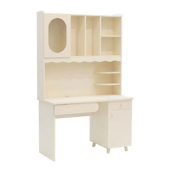 White desk with shelves on a white background