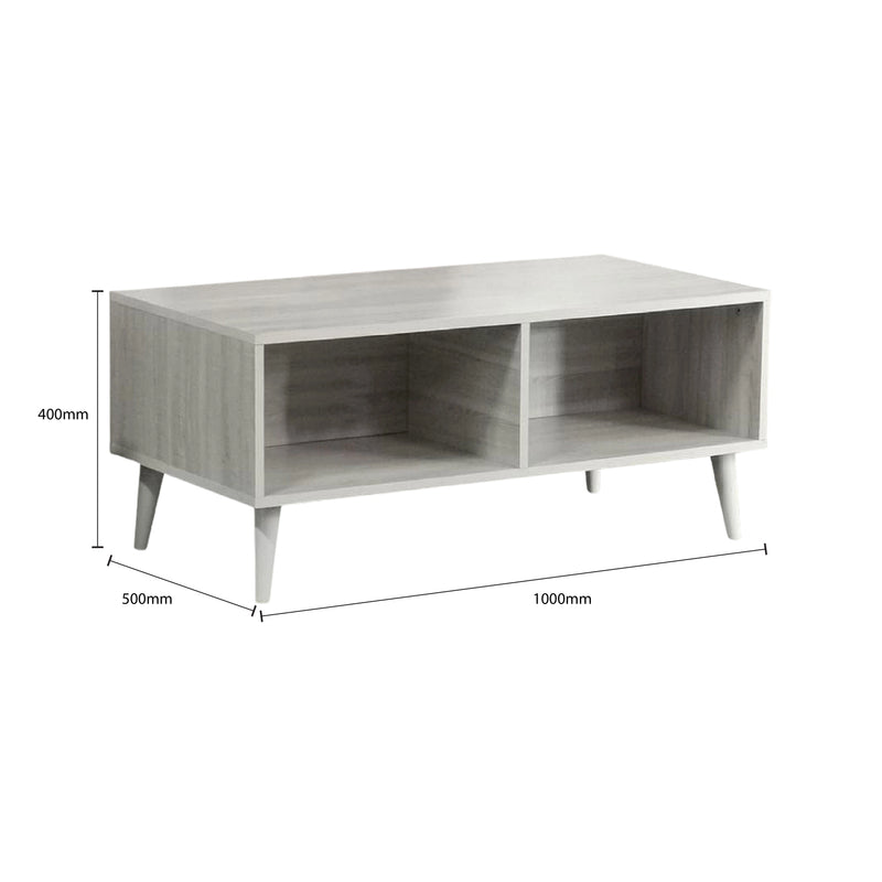 Gray TV stand with dimensions on a white background