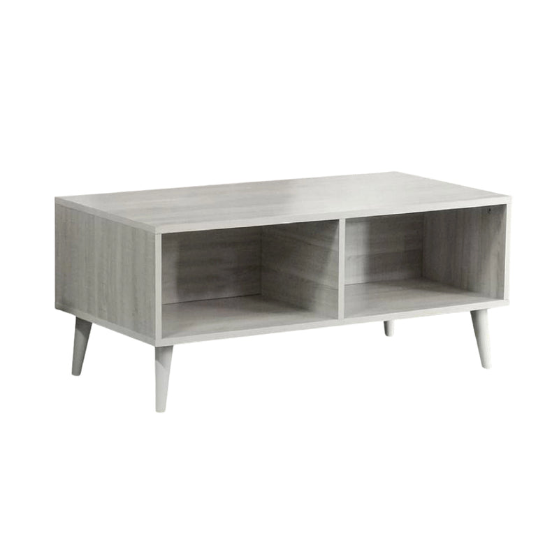 Wooden TV stand with two open shelves on a white background
