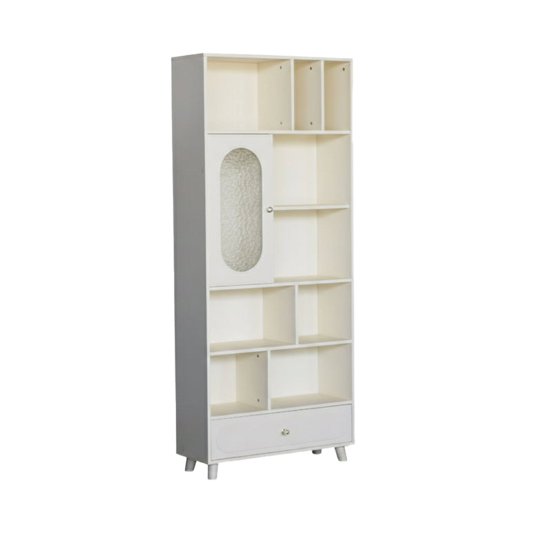 Tall white bookshelf with a gray base on a white background