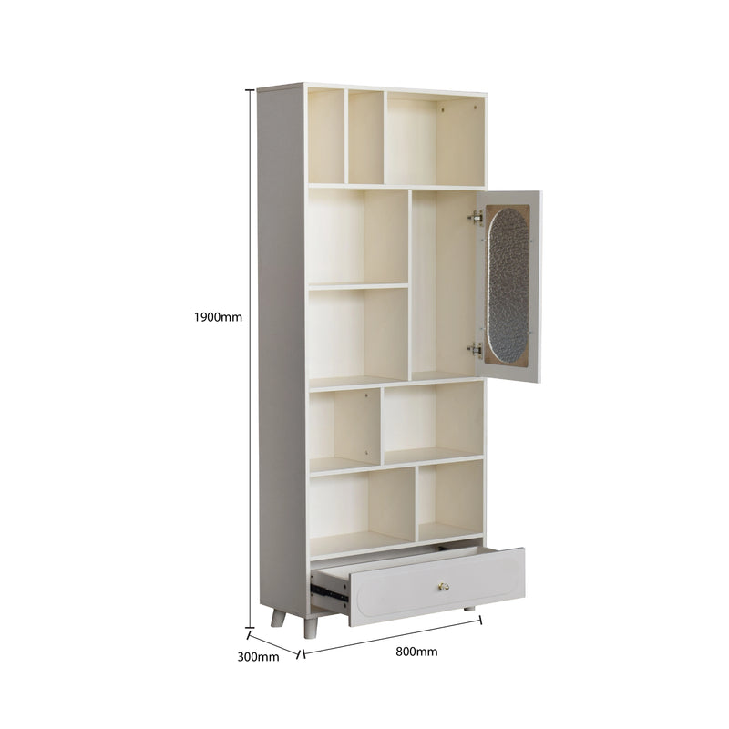 White cabinet with open door and measurements on a white background
