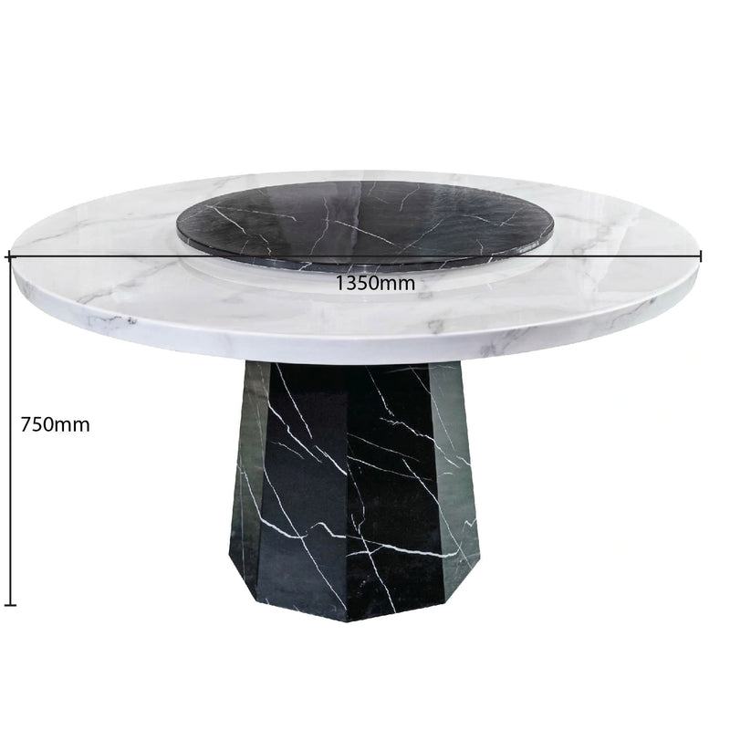 Marble dining table with dimensions on a white background
