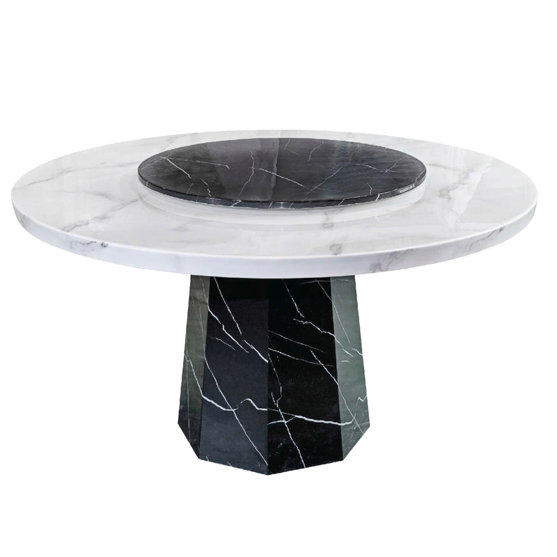 Marble table with white top and black base on a white background