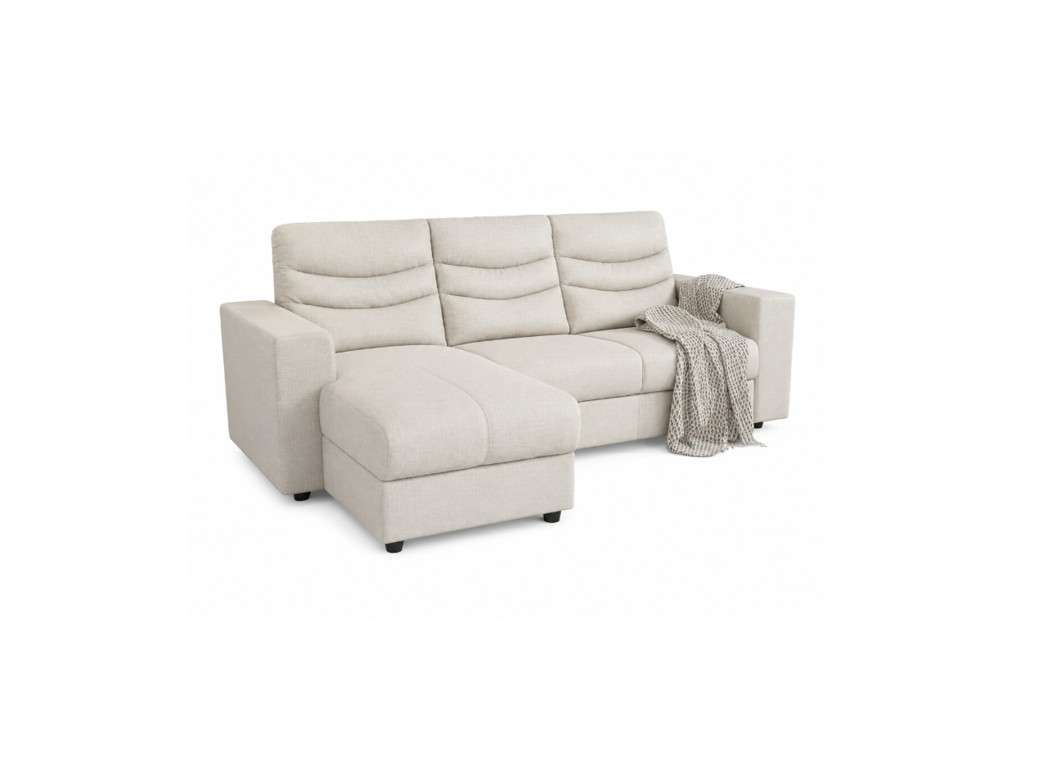 A light beige upholstered sectional sofa with a chaise lounge and a draped throw blanket, shown on a plain white background.