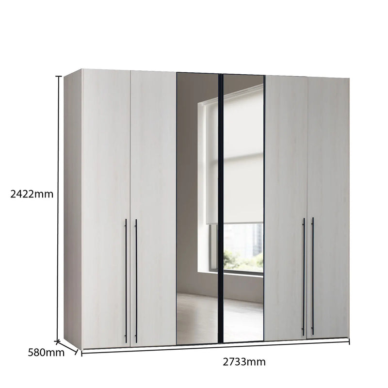 Gray wardrobe with mirror and dimensions on a white background