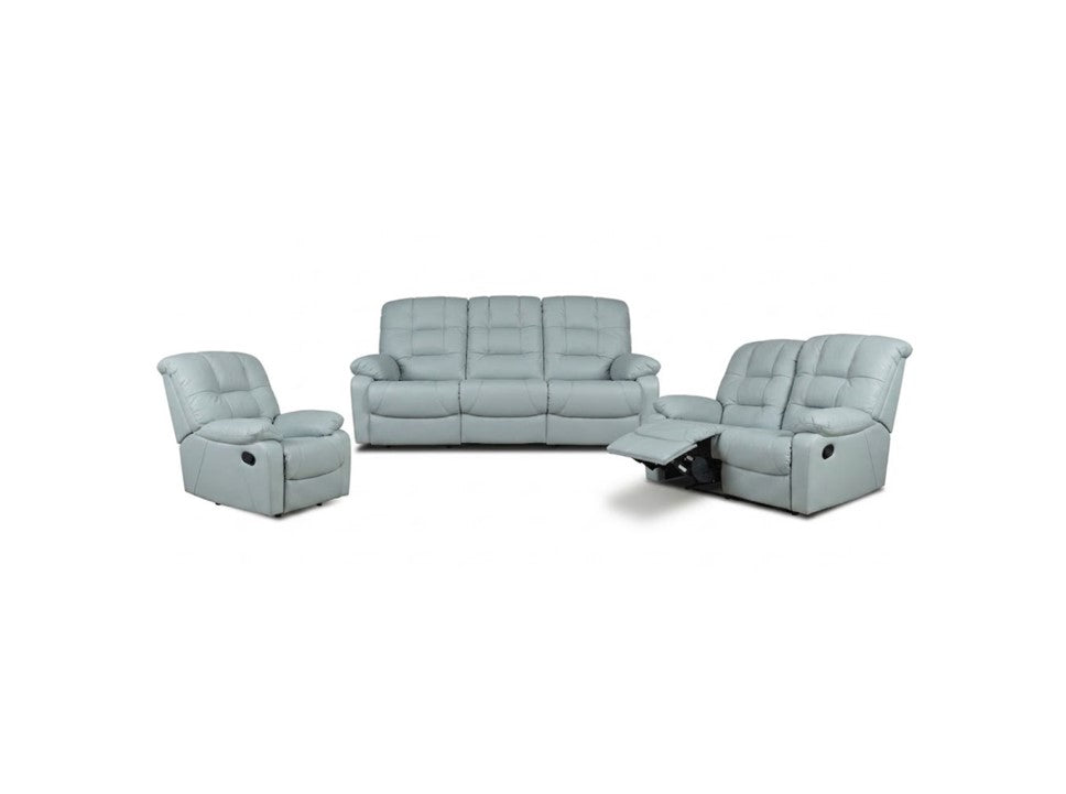 A light blue-gray reclining furniture set consisting of a three-seat sofa, a matching recliner chair, and a chaise lounge with extended footrests, shown on a plain white background.