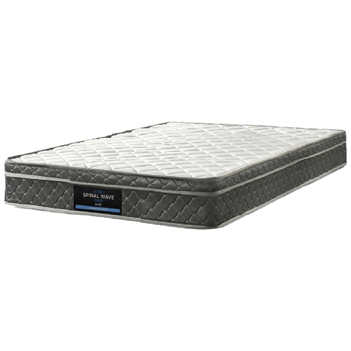 Gray mattress with 'Spinal Wave' branding on a white background
