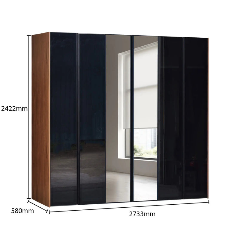 A front-facing view of the expansive six-door Stellar wardrobe (Model 7803WD) with a Cinnamon Oak frame. Dimension lines indicate a total width of 2733mm, a depth of 580mm, and a height of 2422mm, featuring two central floor-to-ceiling mirrored panels.
