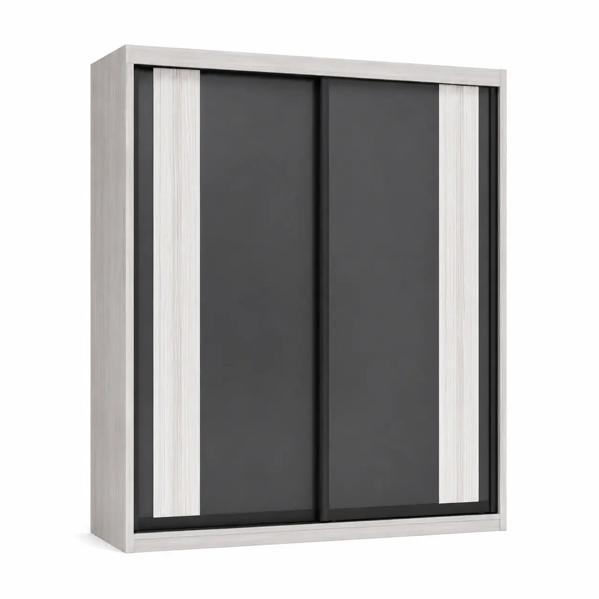 A modern wall-mounted wardrobe or cabinet with two dark charcoal sliding doors and light woodgrain side panels, shown on a plain white background.