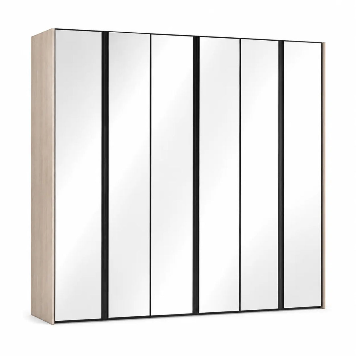 A modern six-door wardrobe or closet with reflective mirror doors and a light wood side panel, shown against a plain white background.