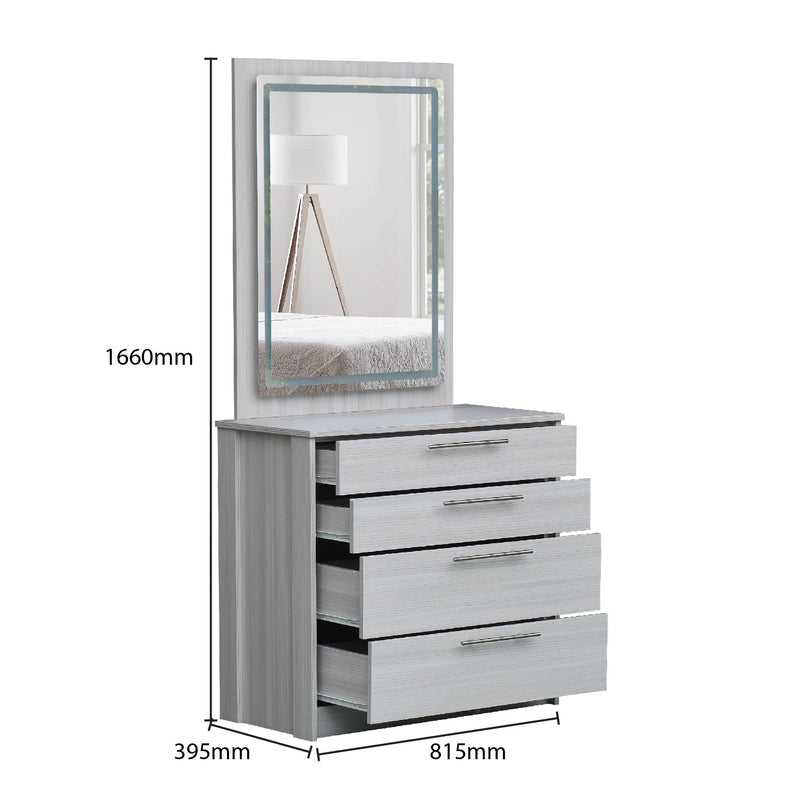 Gray dresser with mirror and dimensions labeled on a white background