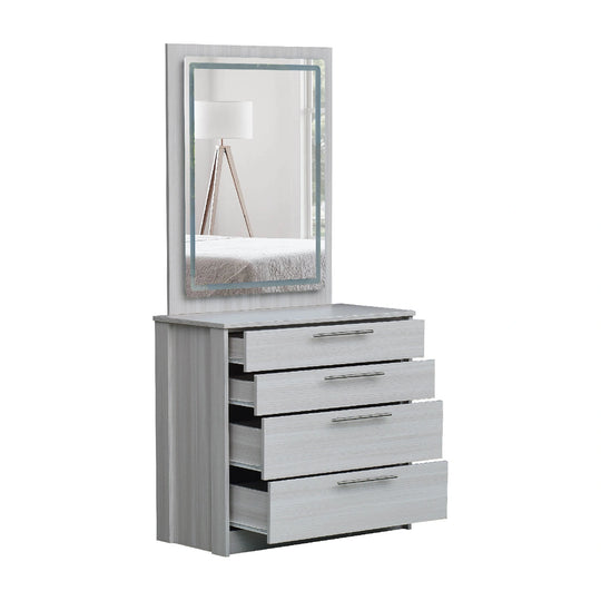 Dresser with mirror and four drawers on a white background