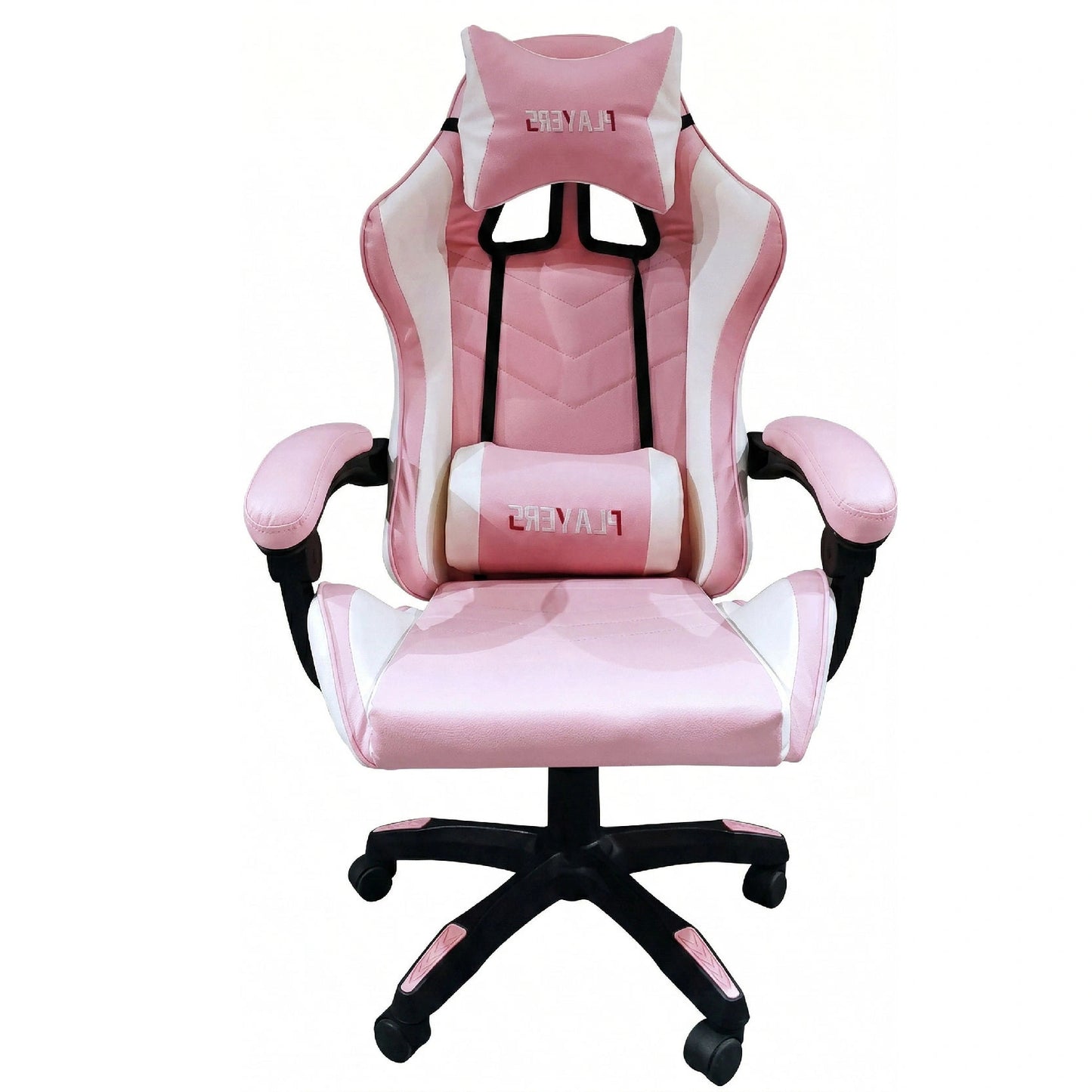 Pink gaming chair with headrest and armrests on a white background