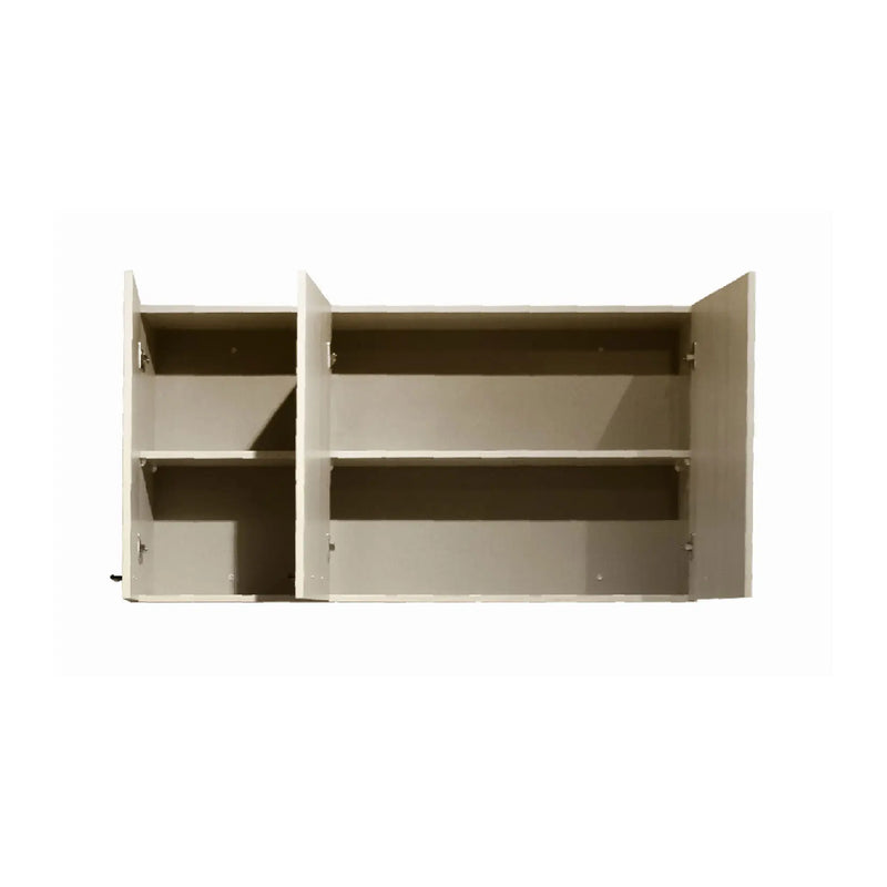 Beige wall-mounted cabinet with open doors on a white background
