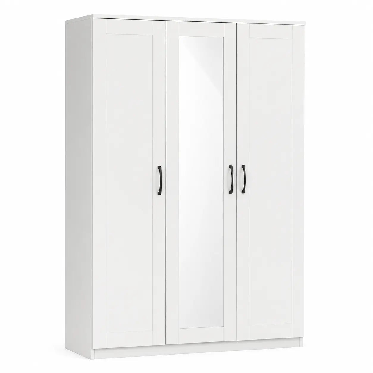 A modern three-door wardrobe in white, featuring two solid doors and one central mirrored door, with slim black handles.
