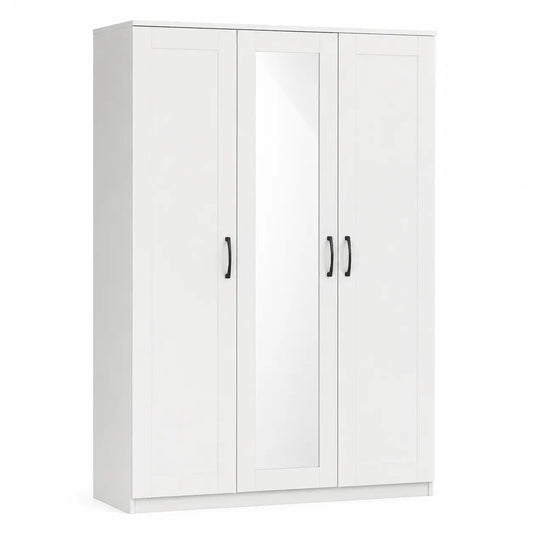 A modern three-door wardrobe in white, featuring two solid doors and one central mirrored door, with slim black handles.