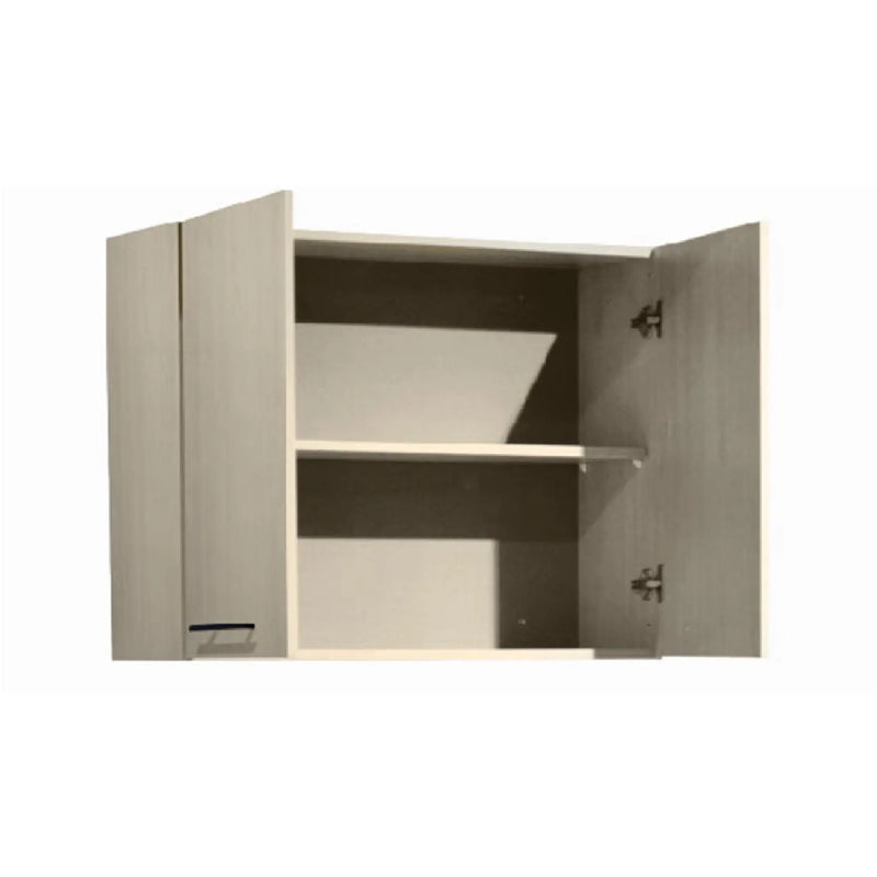Beige wall-mounted cabinet with open doors on a white background