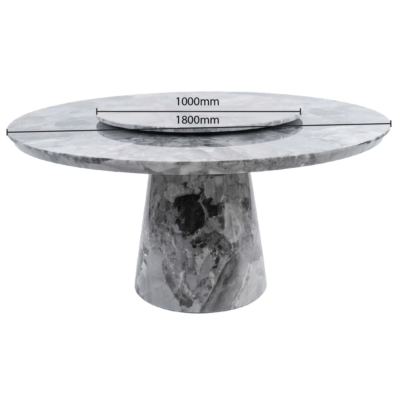 Marble dining table with dimensions indicated on a white background