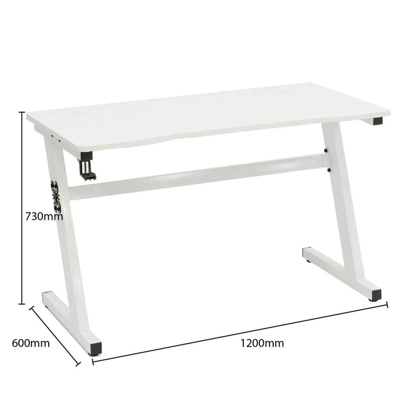 White desk with dimensions labeled on a white background