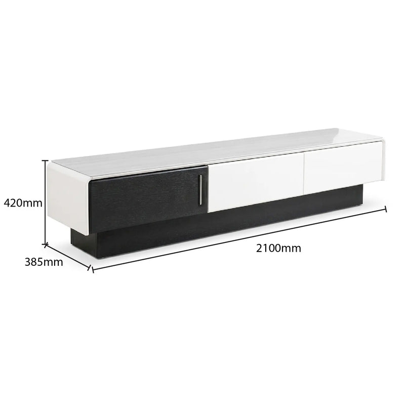White and black TV stand with dimensions labeled on a white background