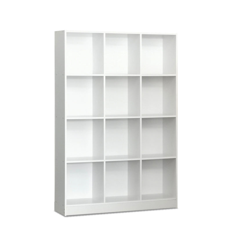 White bookshelf with nine square shelves on a white background