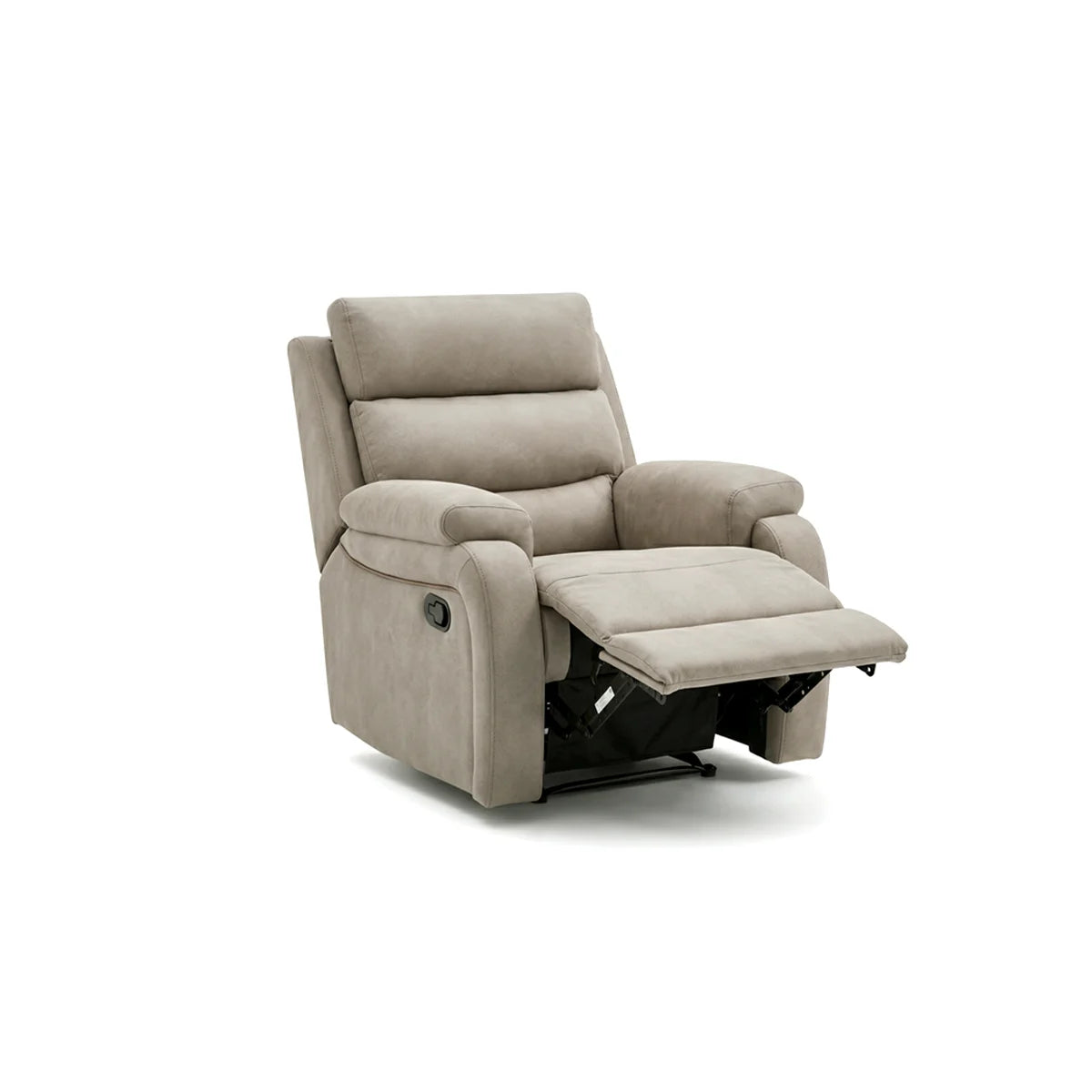 A beige upholstered recliner chair with the footrest extended, shown on a clean white background.